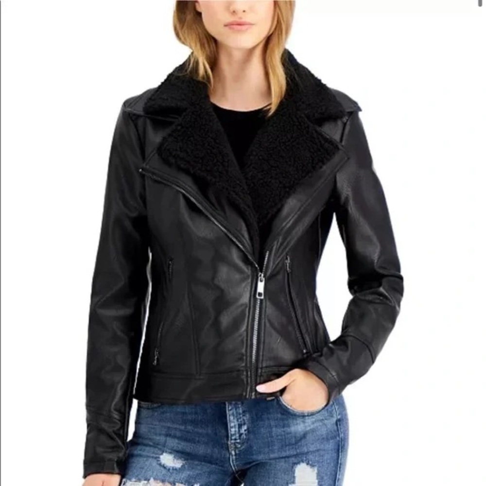 Black Leather Moto Jacket Sherpa Fur Collar Vintage Motorcycle Jacket Size Small
